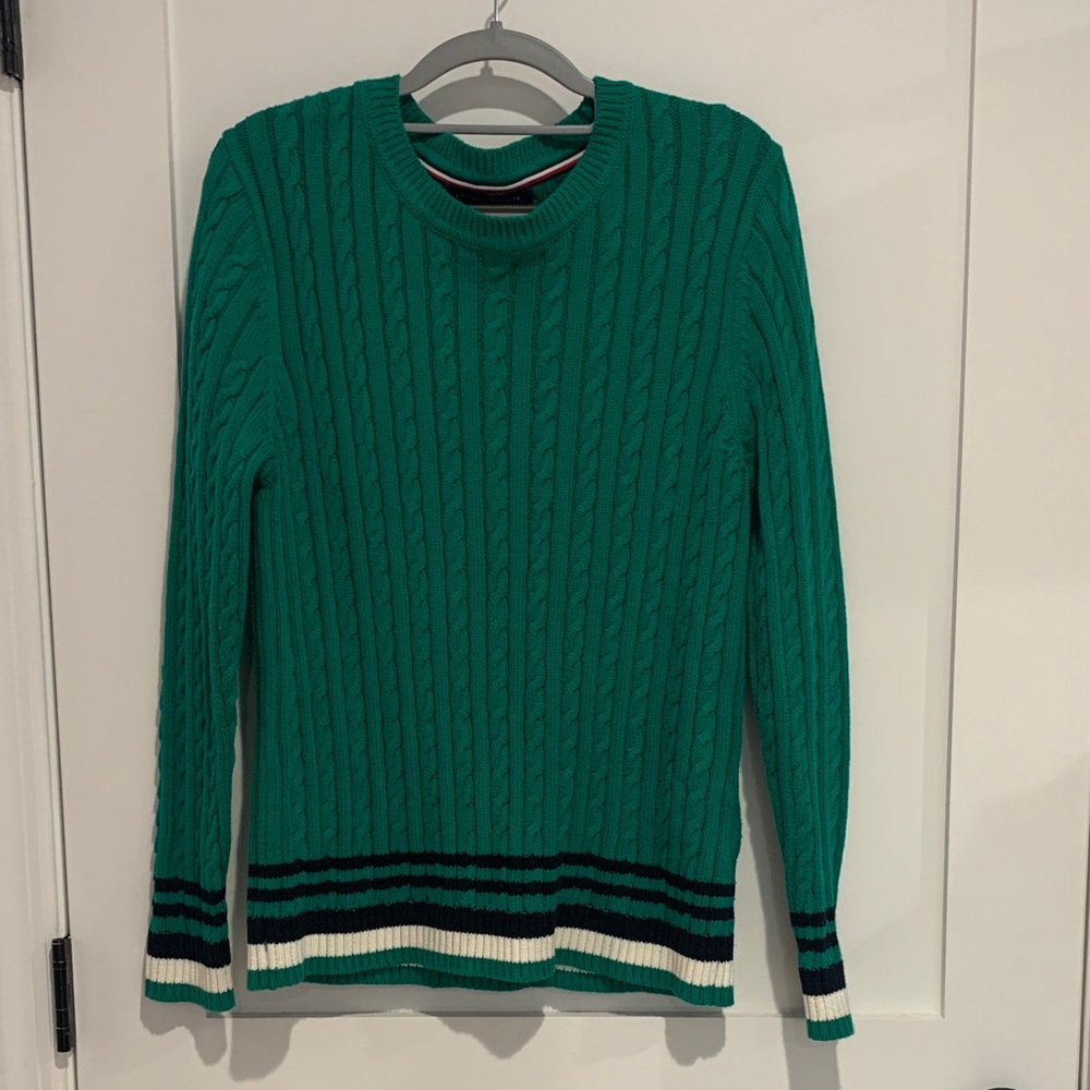 Tommy Hilfiger Green Cable Knit Sweater with Striped Hem
